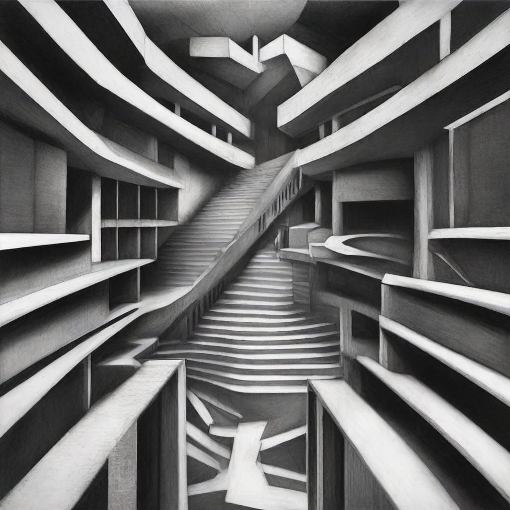 Brutalist Labyrinth: An M.C. Escher-Inspired Op Art Composit...