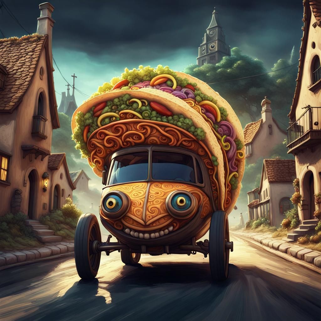 Imaginary gothic fantasy Taco vehicle with face and eyes  and big wheels