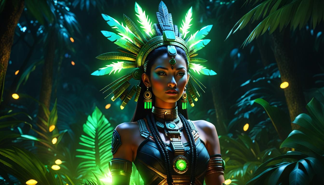 Dark Jungle Mayan Queen in Nuclearpunk Style