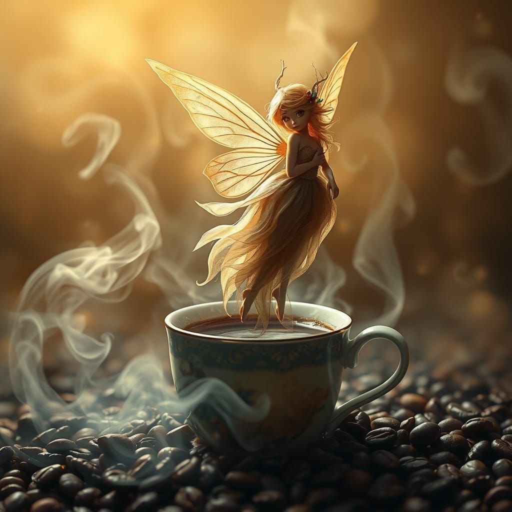 A whimsical fairy emerges from swirling coffee steam, her de...