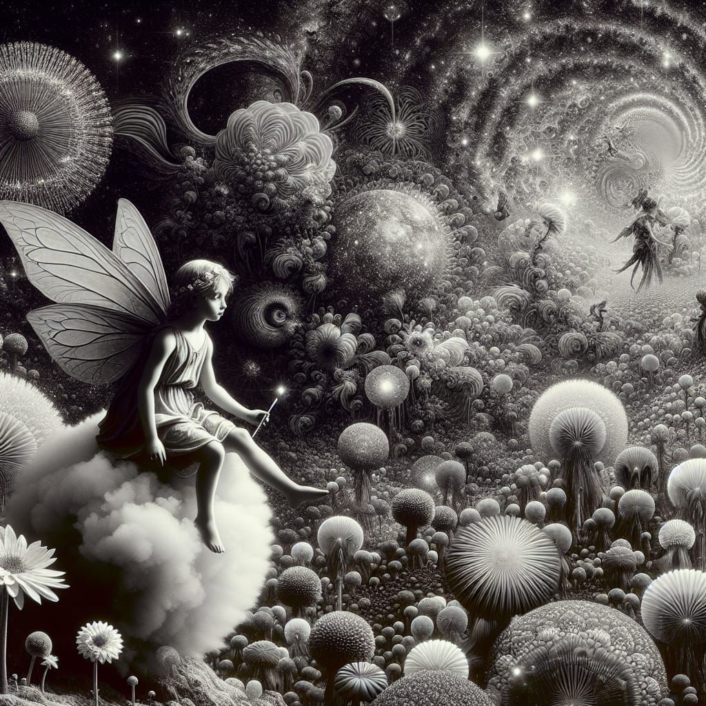 Macro Fairy on Cloud in Holographic Renaissance Style