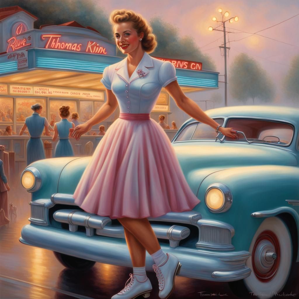 1950s Waitress at Drive-In with Hot Rods
