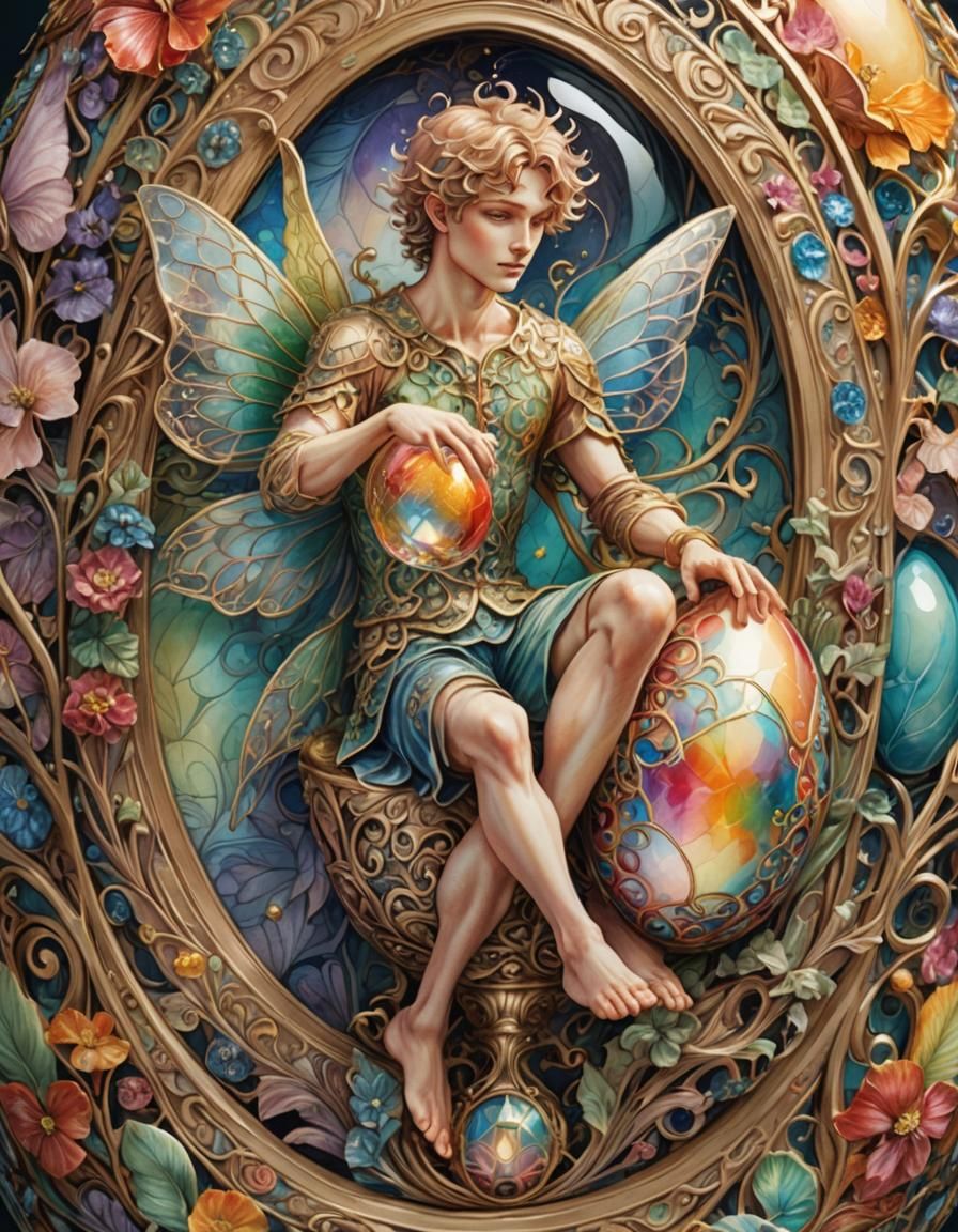 Fairy on Fabergé Egg in Watercolor Style