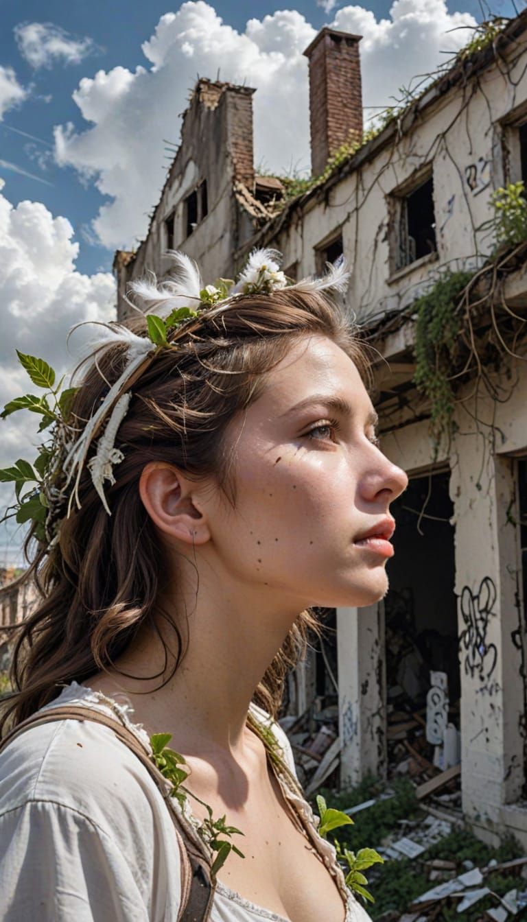 Surreal Cloud Woman in Post-Apocalyptic Ruins