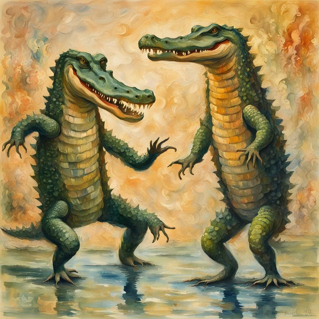 Dancing Crocodiles in Gouache Impressionist Style