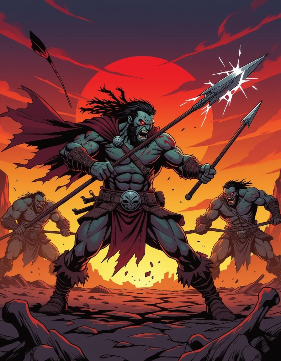 Post-Apocalyptic Barbarian Fights Mutants in Comic Art Style