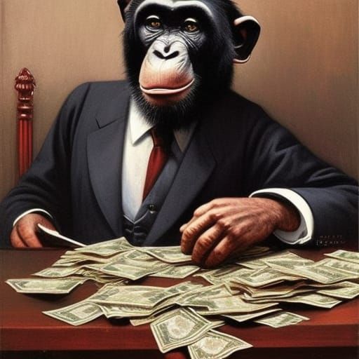 Chimpanzee Banker Counting Money in Oil Painting Style