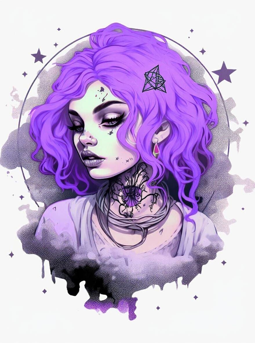 Pastel Goth Character with Purple Hair and Tattoos