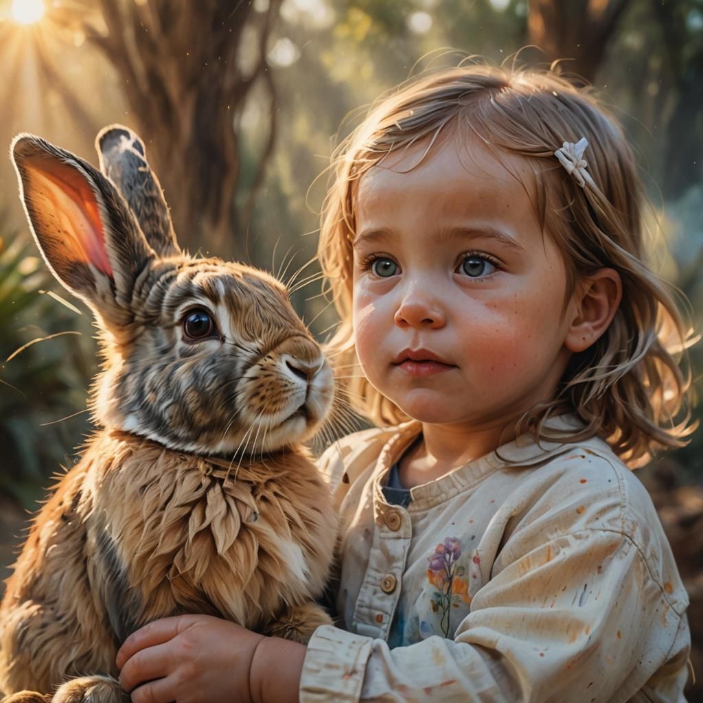 Baby and Rabbit Portrait in Watercolor Style