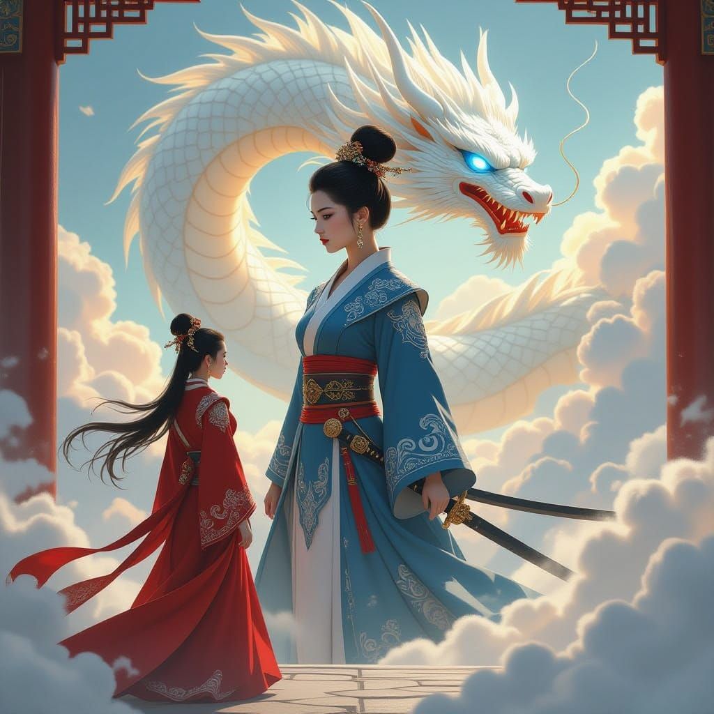 Young Warrior Woman with Dragon and Mural
