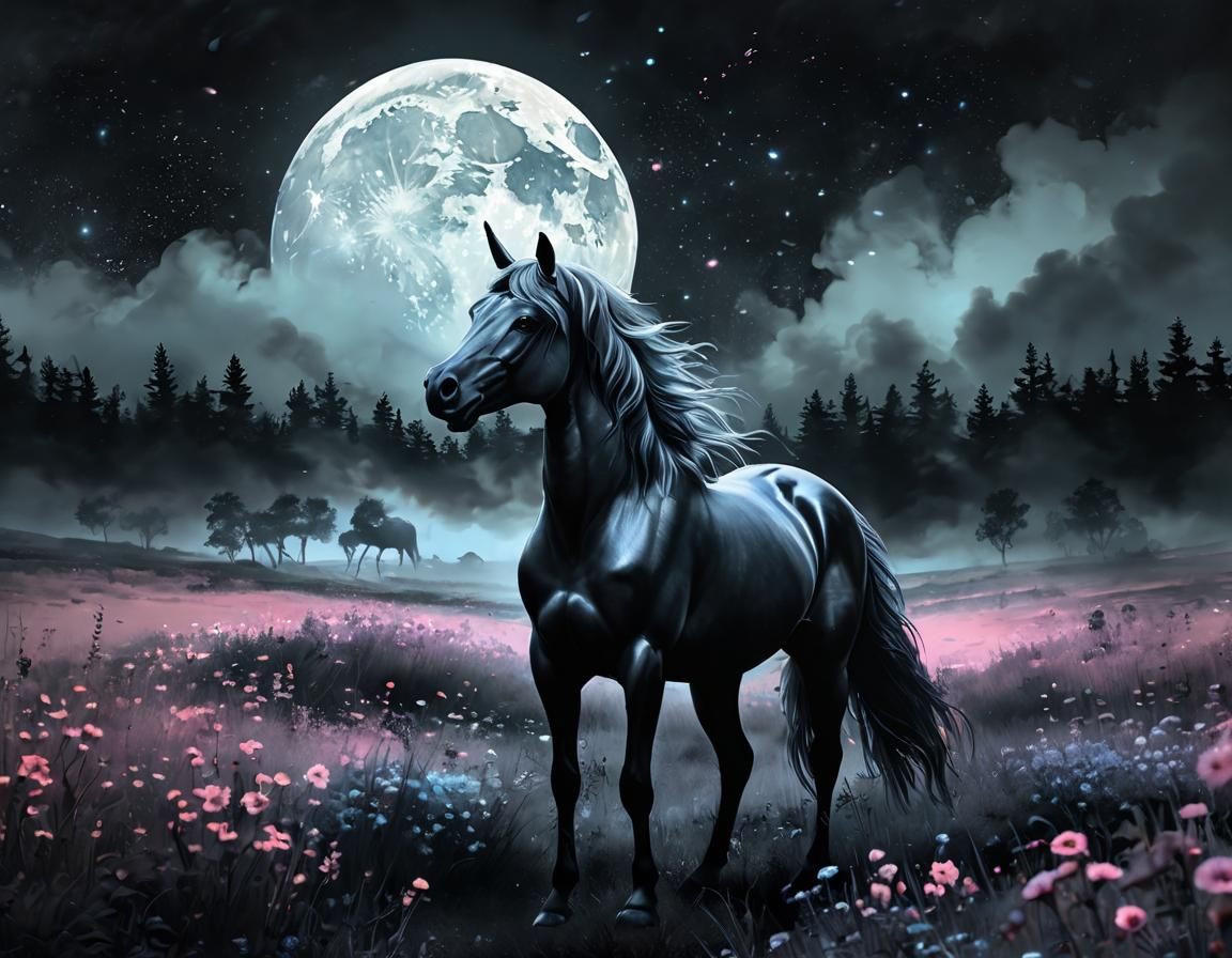 Black Unicorn in Vaporwave Sky