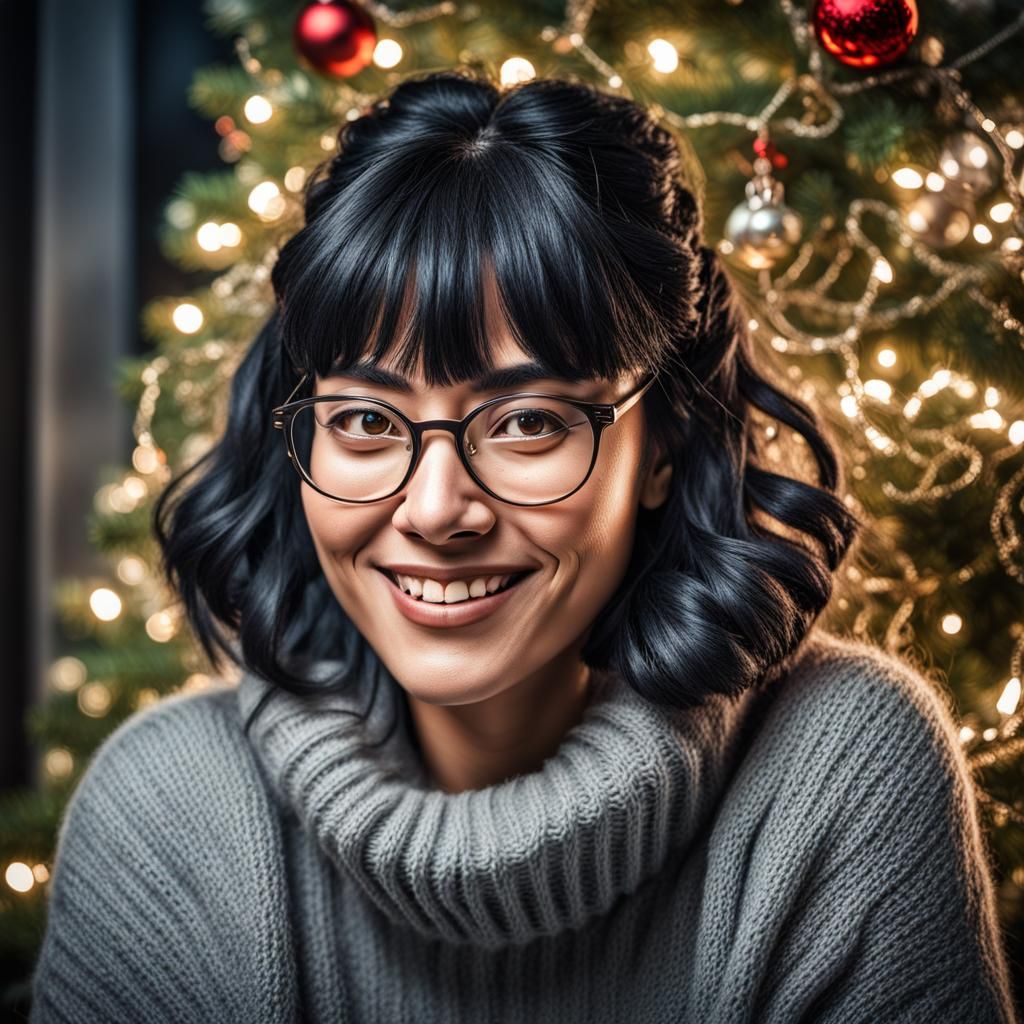 Festive Portrait of a Shy Woman by Christmas Tree