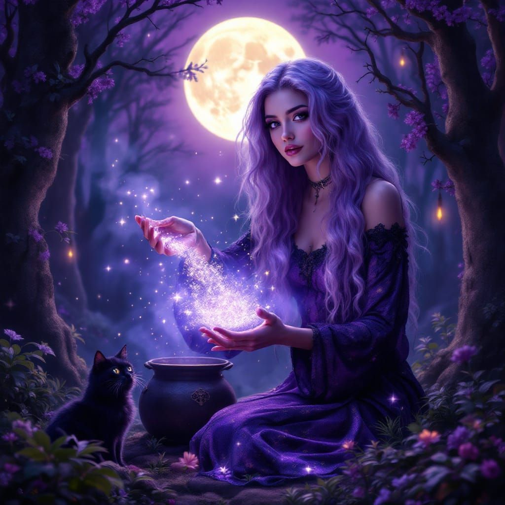 Realistic Witch Blending Spell in Enchanted Forest at Night