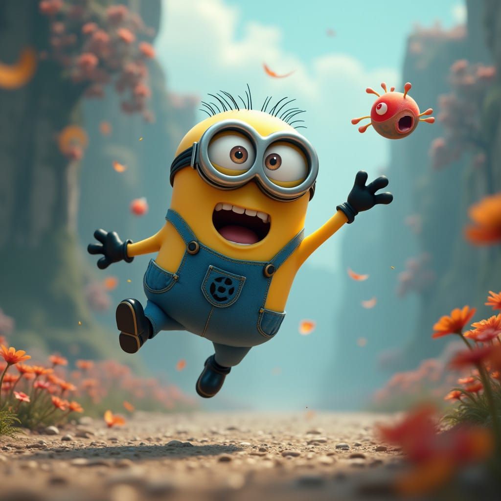 Whimsical Minion Leaps into Dreamlike Landscape