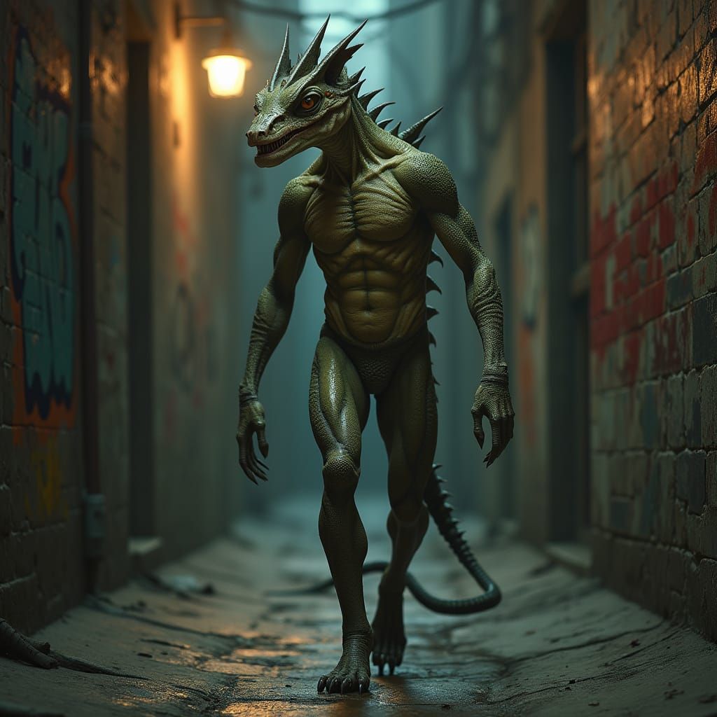 Reptilian Humanoid Strolls through a Neon-Lit Alley in a Cyb...
