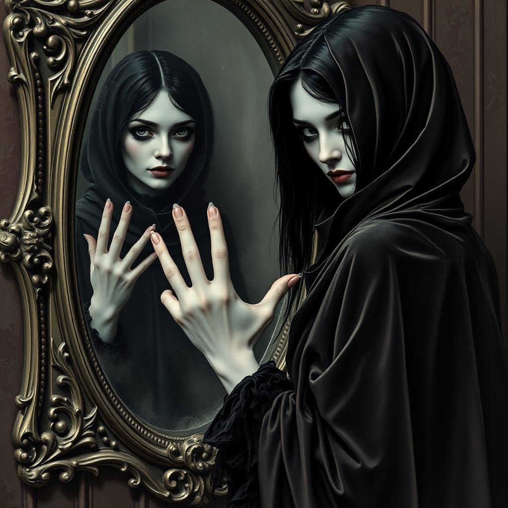 Gothic Woman's Mirror Image Triumphs in a Game of Chance