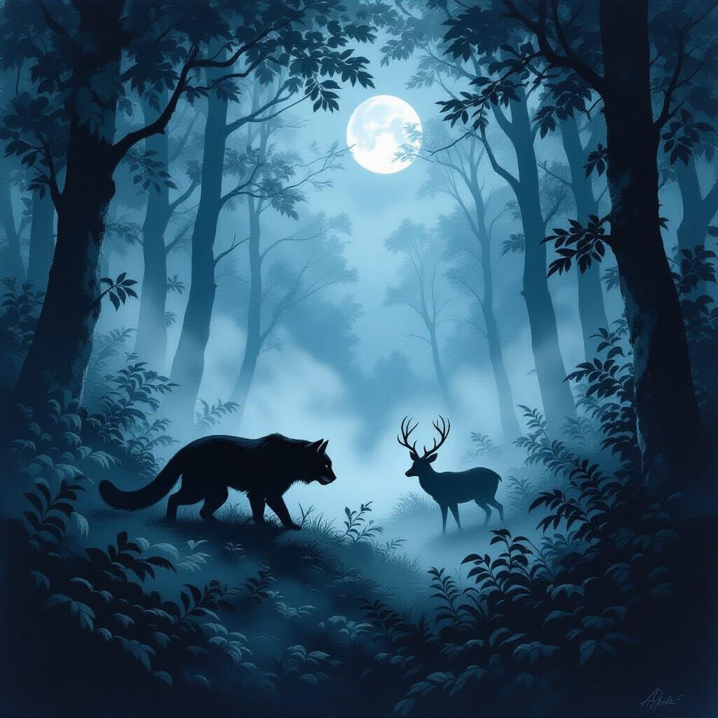 Predator Stalking Prey in Moonlit Forest