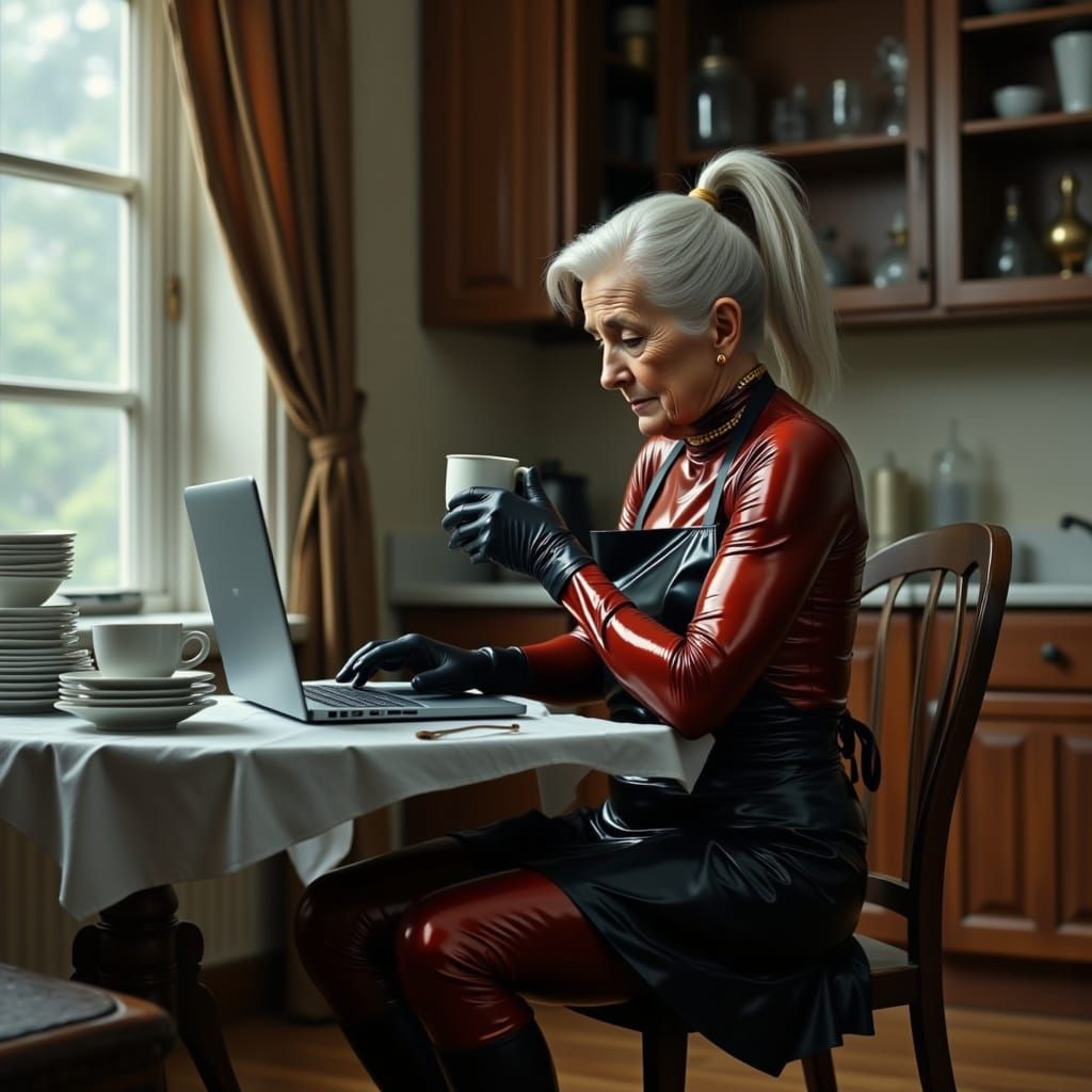 Elderly Woman in Latex Catsuit Drinks Coffee