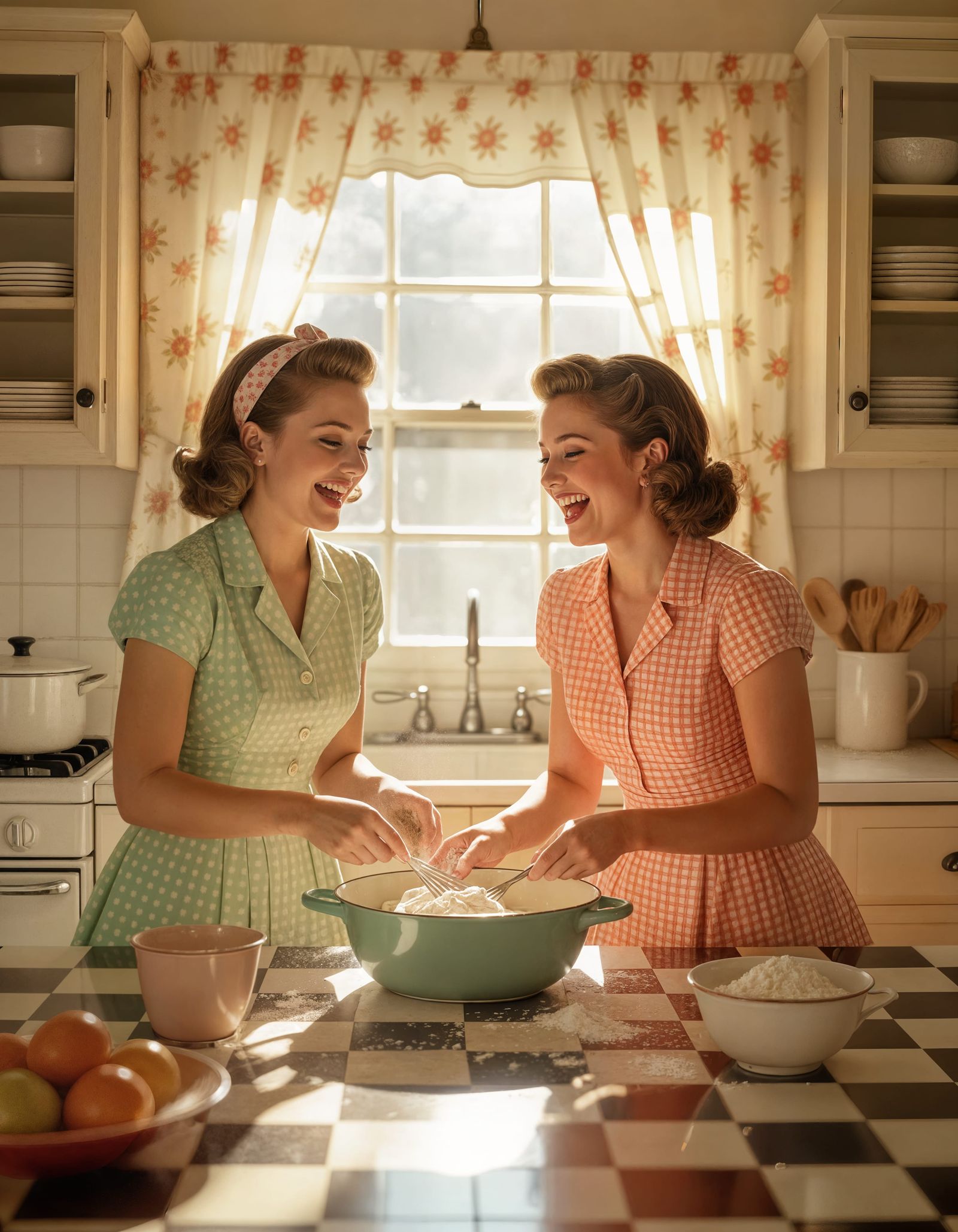 Joyful 1950s Kitchen Scene: Women Laughing Amidst Flour