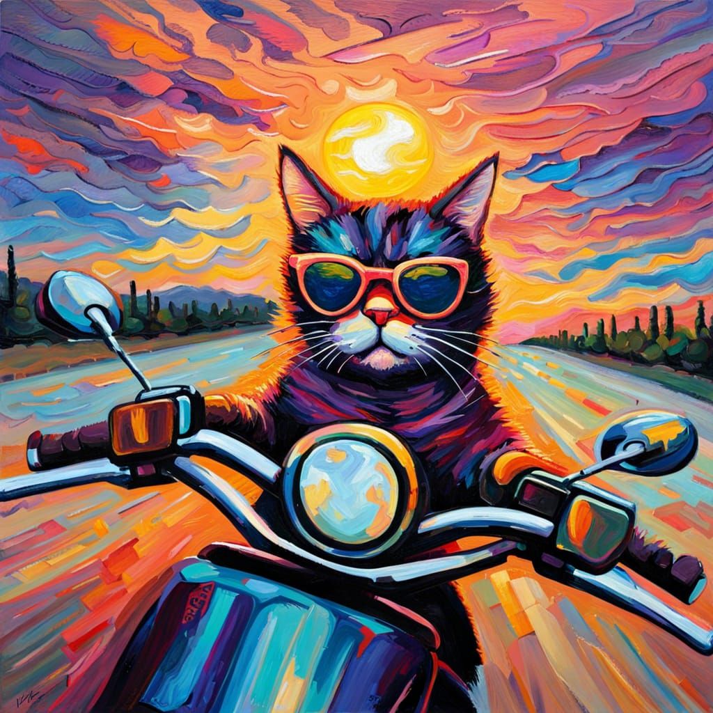 Cat on Harley at Sunset: Expressionist Oil Painting