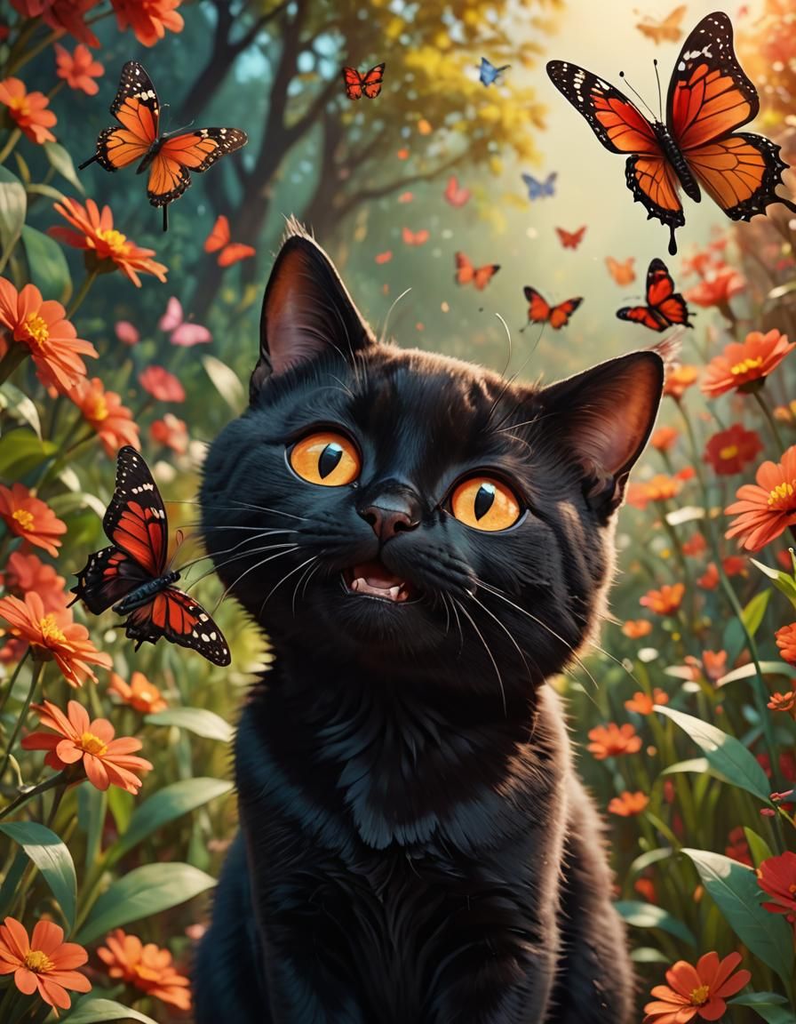 Cute Black Cat with Butterfly, 3D Cartoon Style