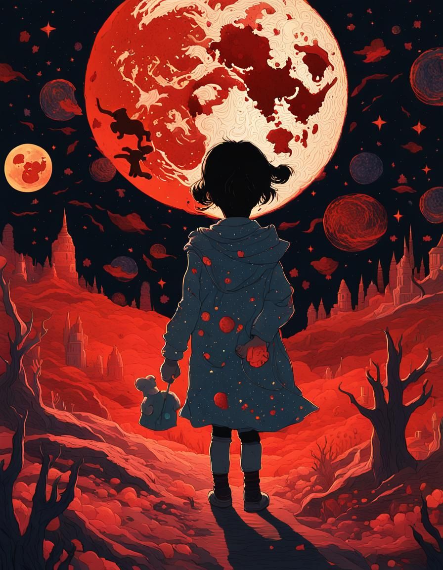 Macabre Child in Hell with Teddy Bear: Surreal Collage