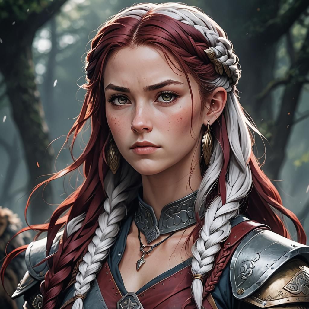 Viking Warrior Woman with Braided Burgundy Hair