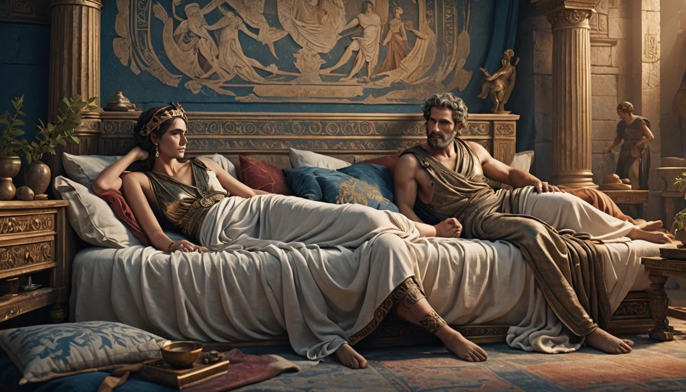 Ancient Greek Couple in Bed: Detailed Matte Painting