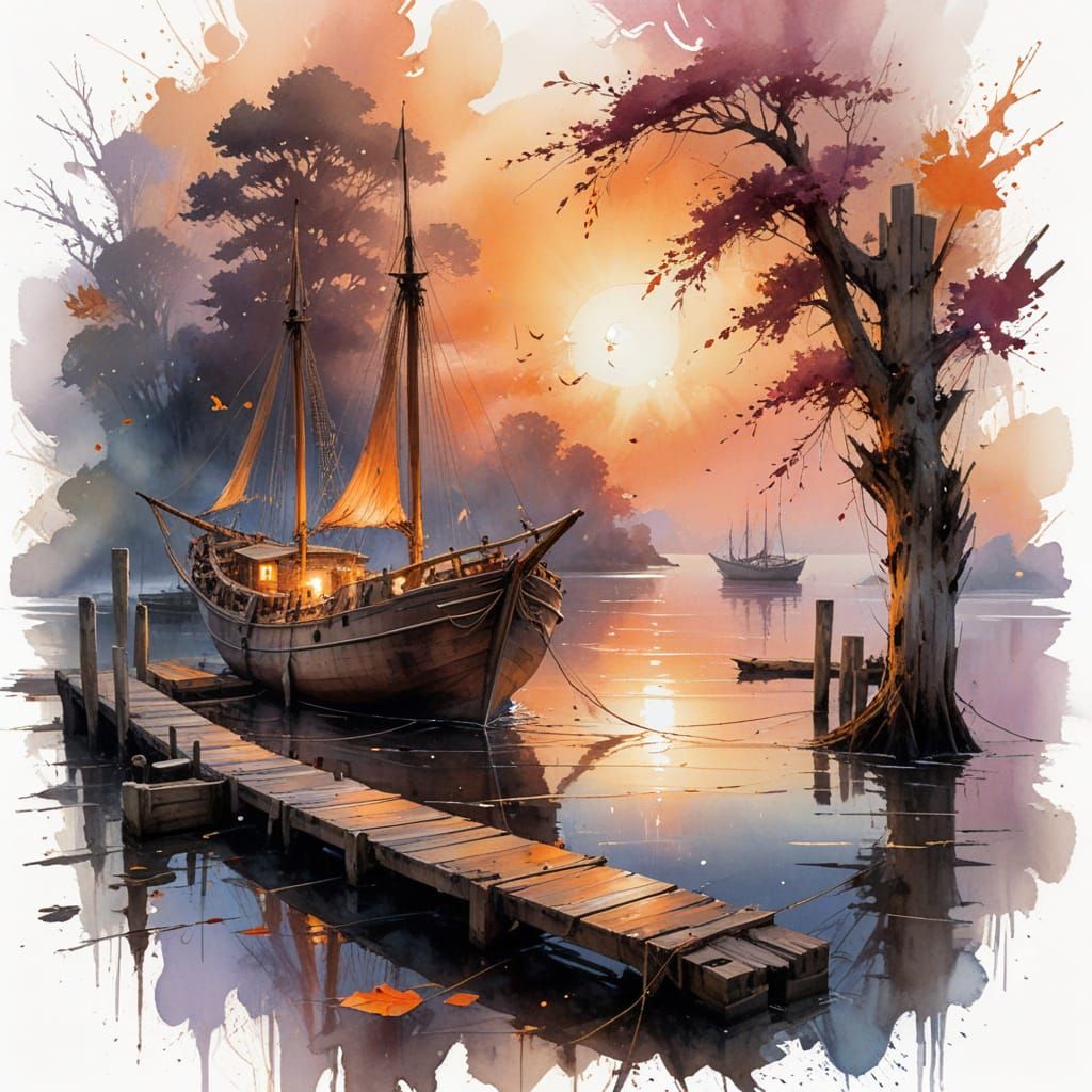 Autumn Harbour Schooner at Sunset: Watercolor Painting