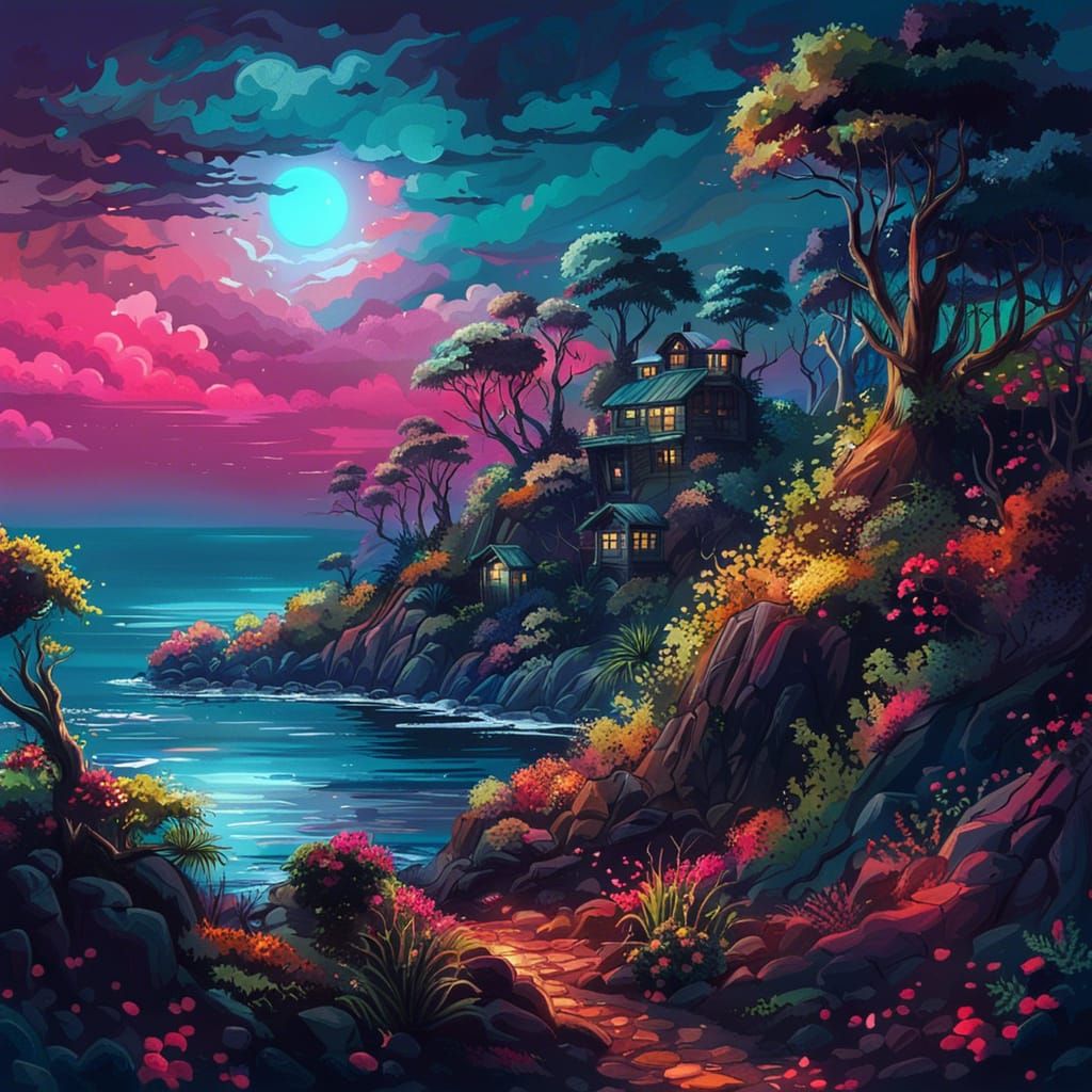 Night Ocean View with Red Moon and UFO in Graffiti Art