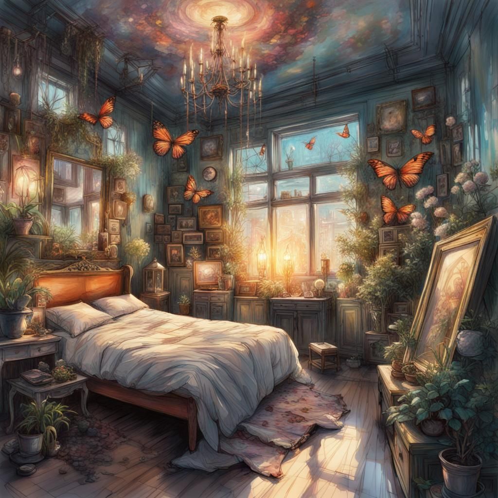 Butterfly Exhibit Bedroom in Oil Gouache Style