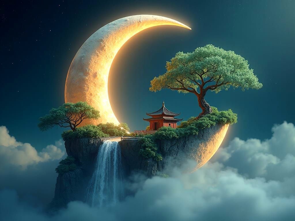 Glowing Crescent Moon Holding Chinese Landscape