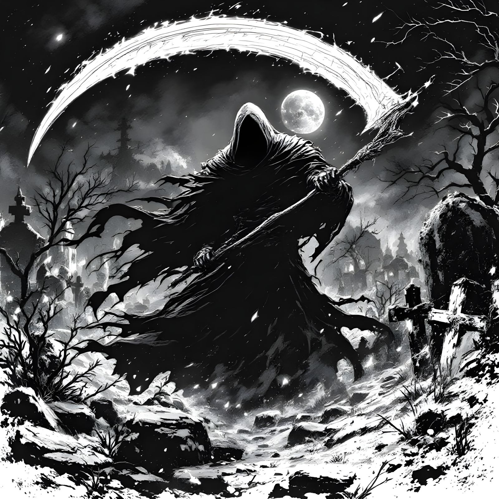 Grim Reaper in Anime Style with Scythe Sketch