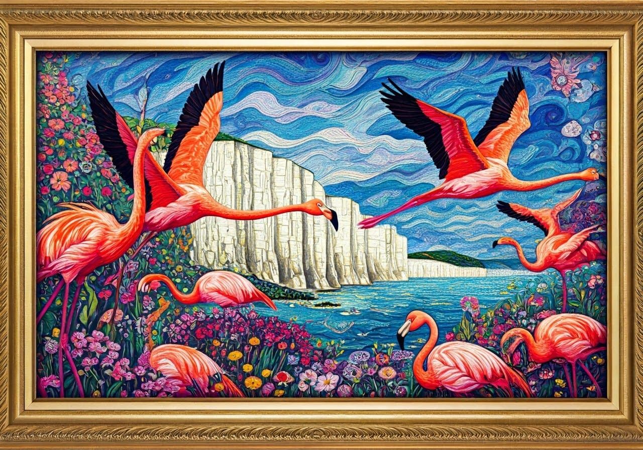 Flamingos Over Dover in Ornate Stitched Art