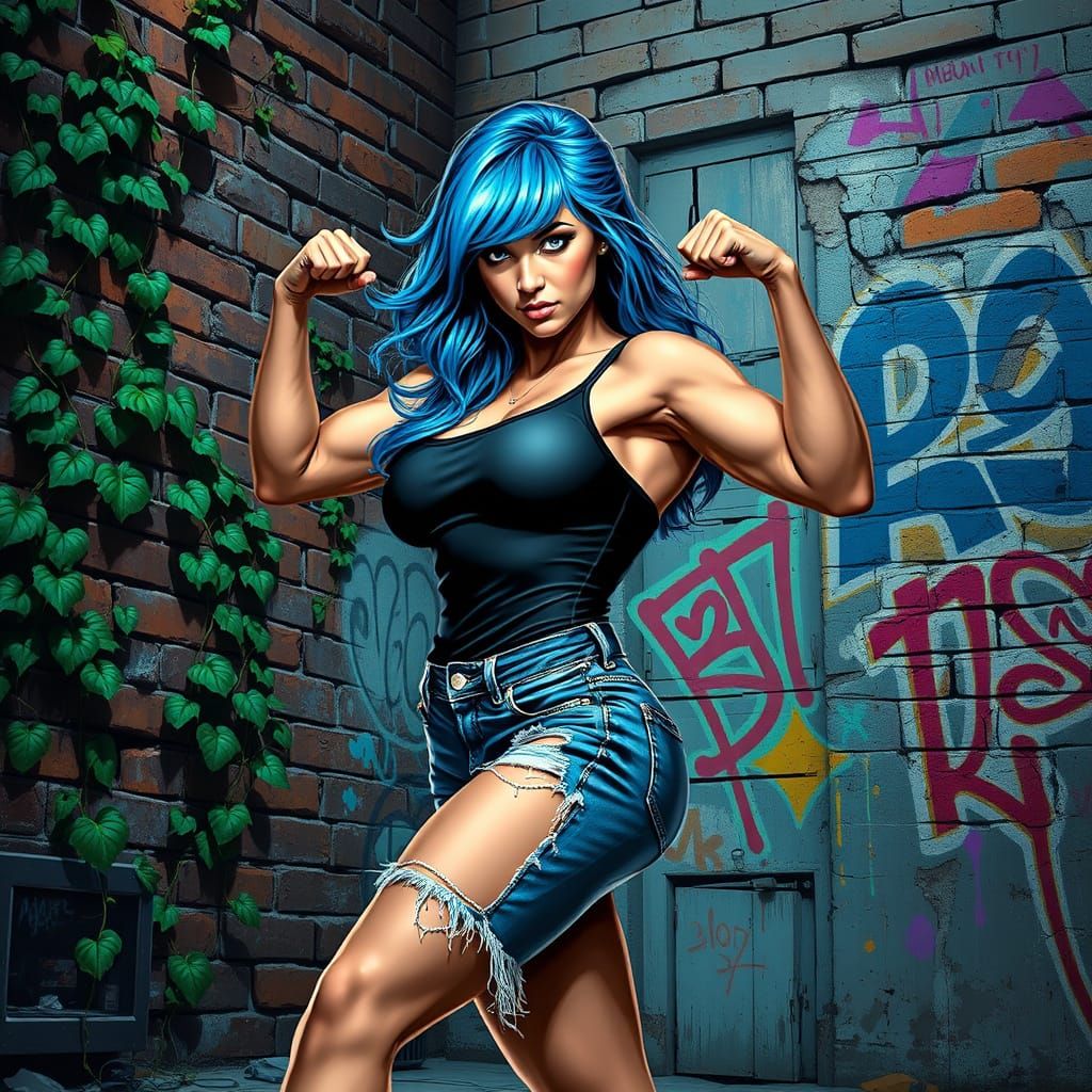 Electric Blue Bodybuilder Posing in Gritty Urban Landscape