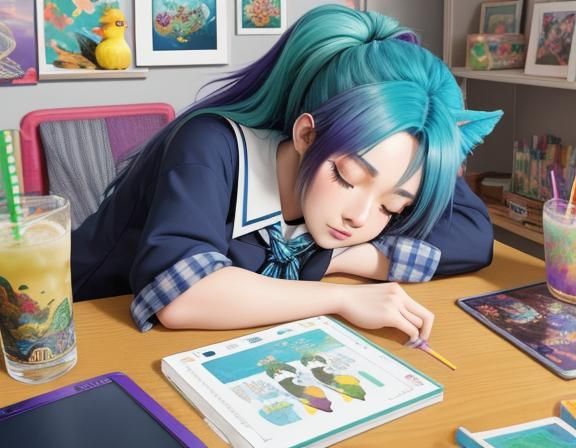Anime Girl Sleeping Surrounded by Colorful Items