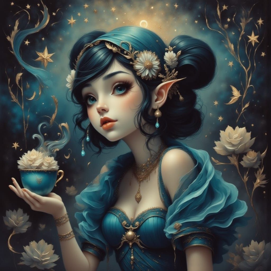 Vintage Pinup Girl With Fantasy Art Elements Holding Teacup