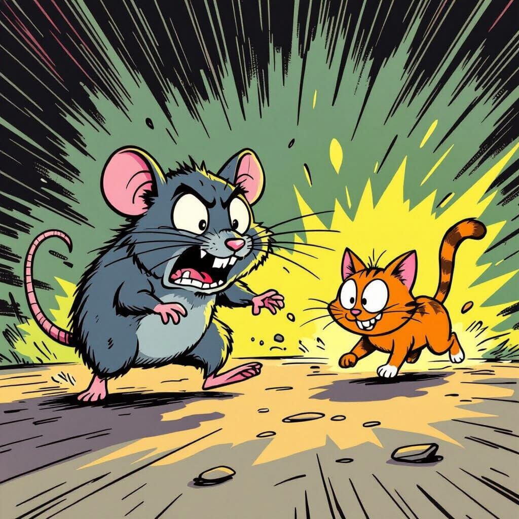 Cartoon Rat Flees Playful Cat in Graphic Novel Style