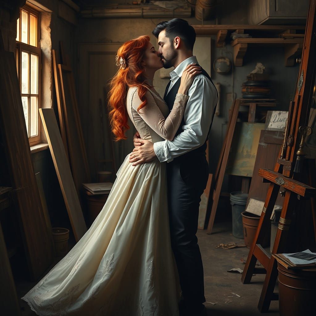 Romantic Moment in an Art Studio with Victorian Elegance