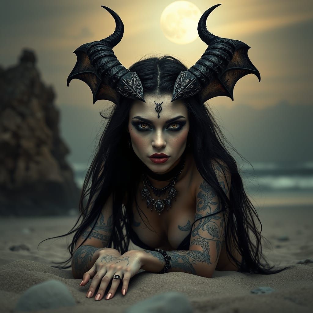 Artistic Portrait of a Black-Eyed She-Devil on a Moonlit Bea...