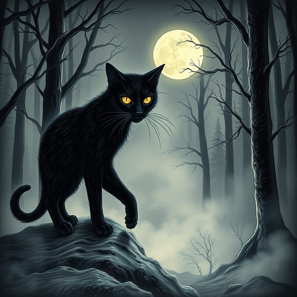 Moonlit Black Cat in Ancient Forest Wood Engraving