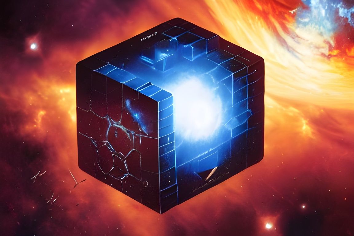 Cosmic Cube Floating in Space: Hyperrealistic Space Art