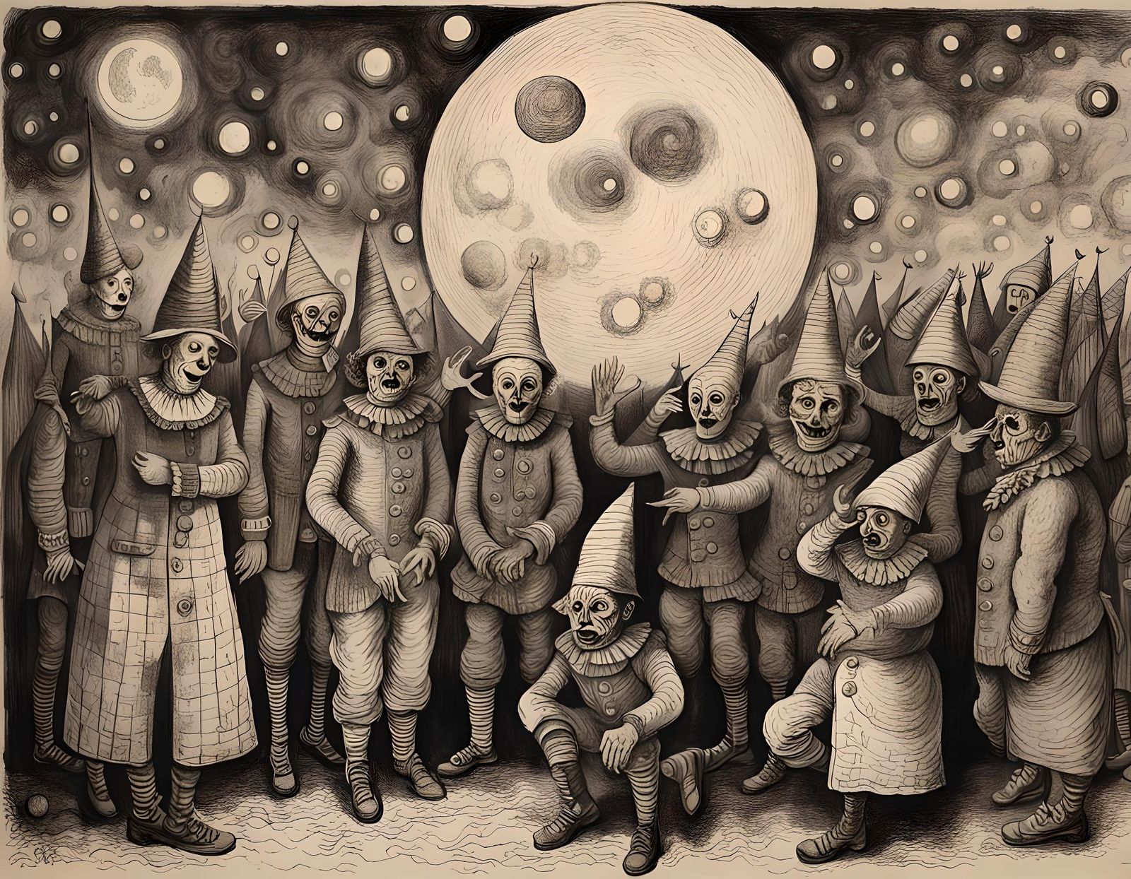 Clowns Watch Solar Eclipse in War, Detailed Ink Drawing