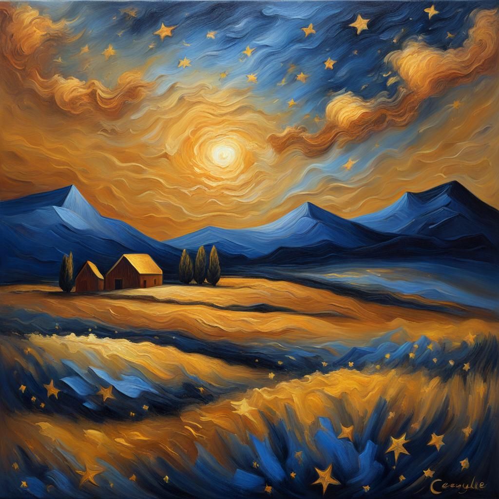 Surreal Landscape at Golden Hour with Vibrant, Textured Brus...