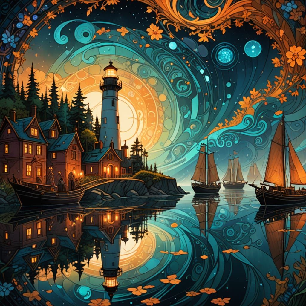 Glowing Harbor with Fractal Ships in Art Nouveau Style