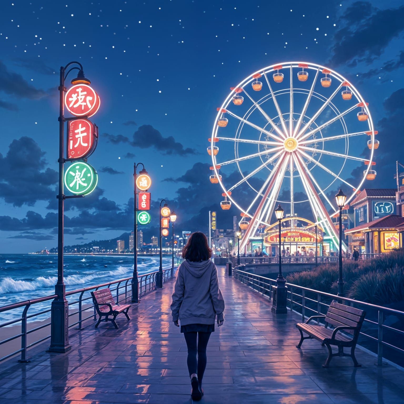Boardwalk Woman at Dusk in Anime Style