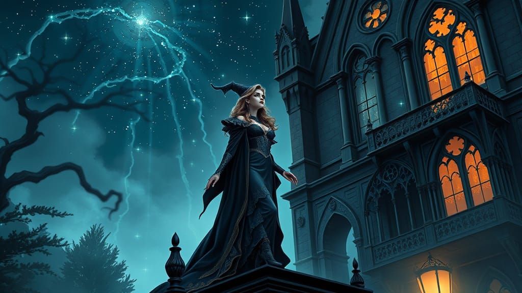 Wizard Woman on Gothic Balcony Gazing at Stars