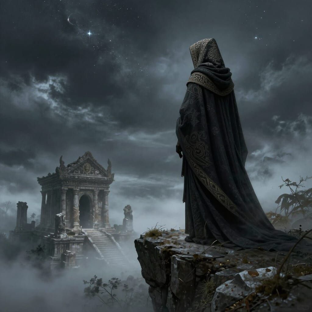 Mysterious Figure on Cliff Overlooking Ruined Temple