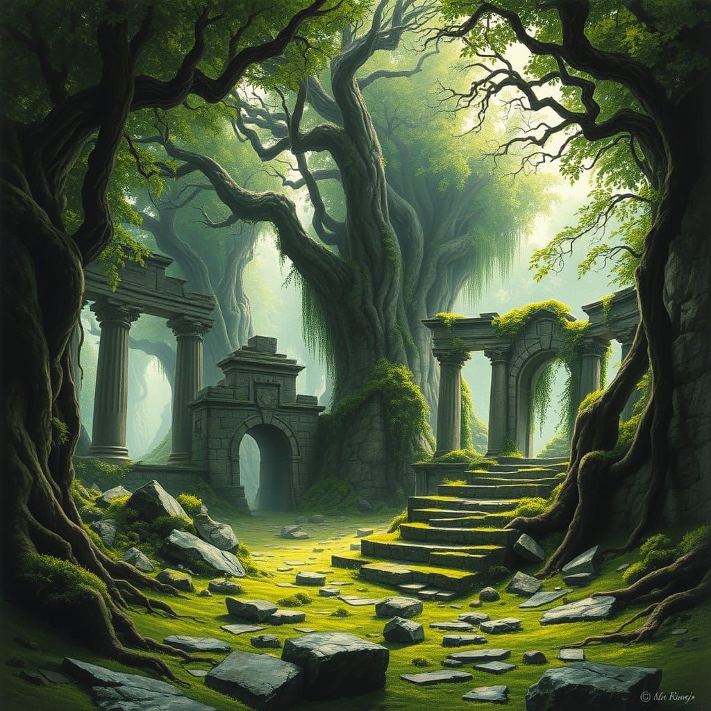 Ancient Temple Complex in Mystical, Overgrown Ruins