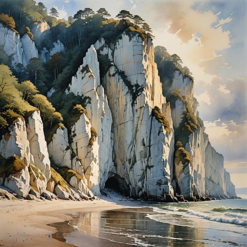 Rügen Chalk Cliffs in Morning Light: Watercolor Art